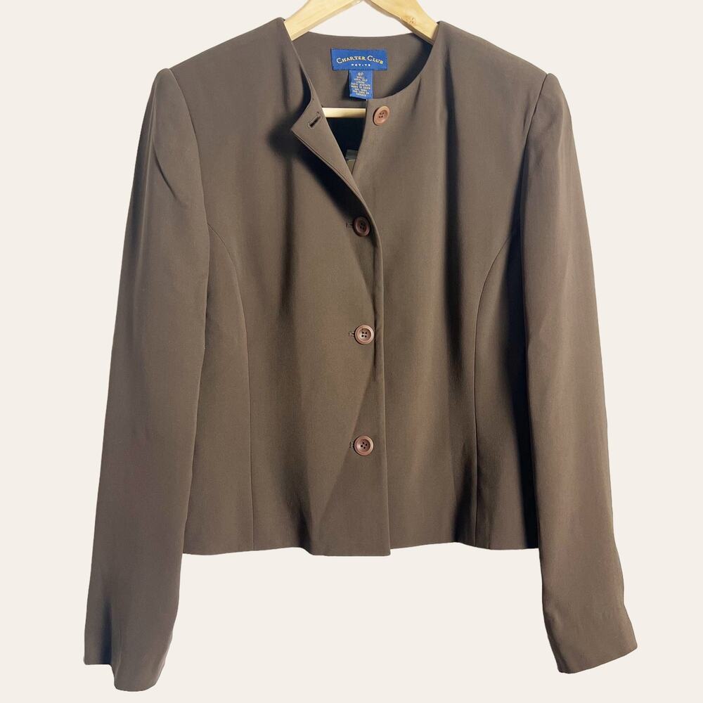 Vintage Charter Club Tuscany Mocha Brown Button Front Silk Jacket Size 8P
